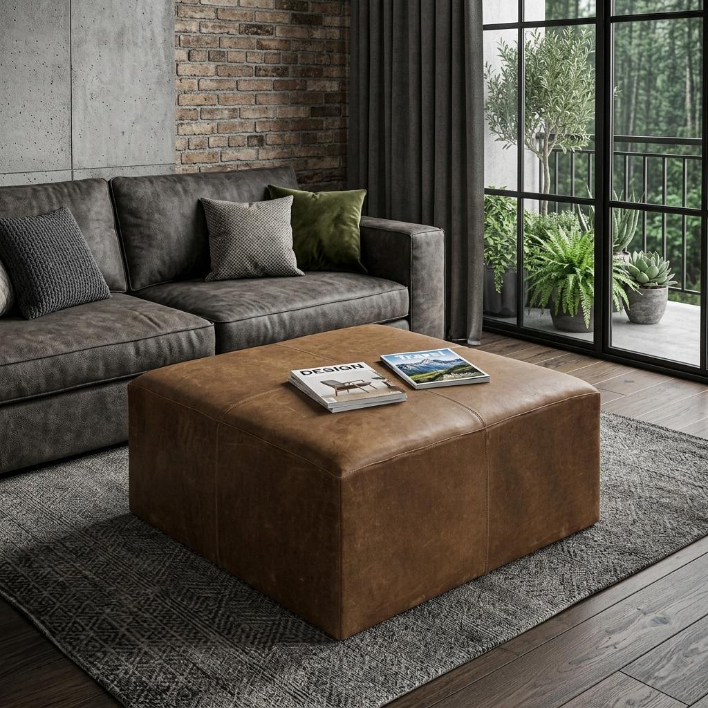 36" Brown Genuine Leather Cube Ottoman