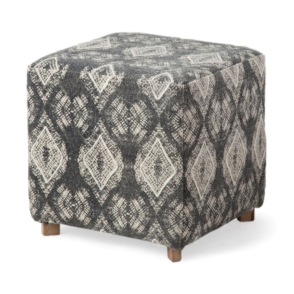 19" Gray Cotton and Brown Cube Ottoman