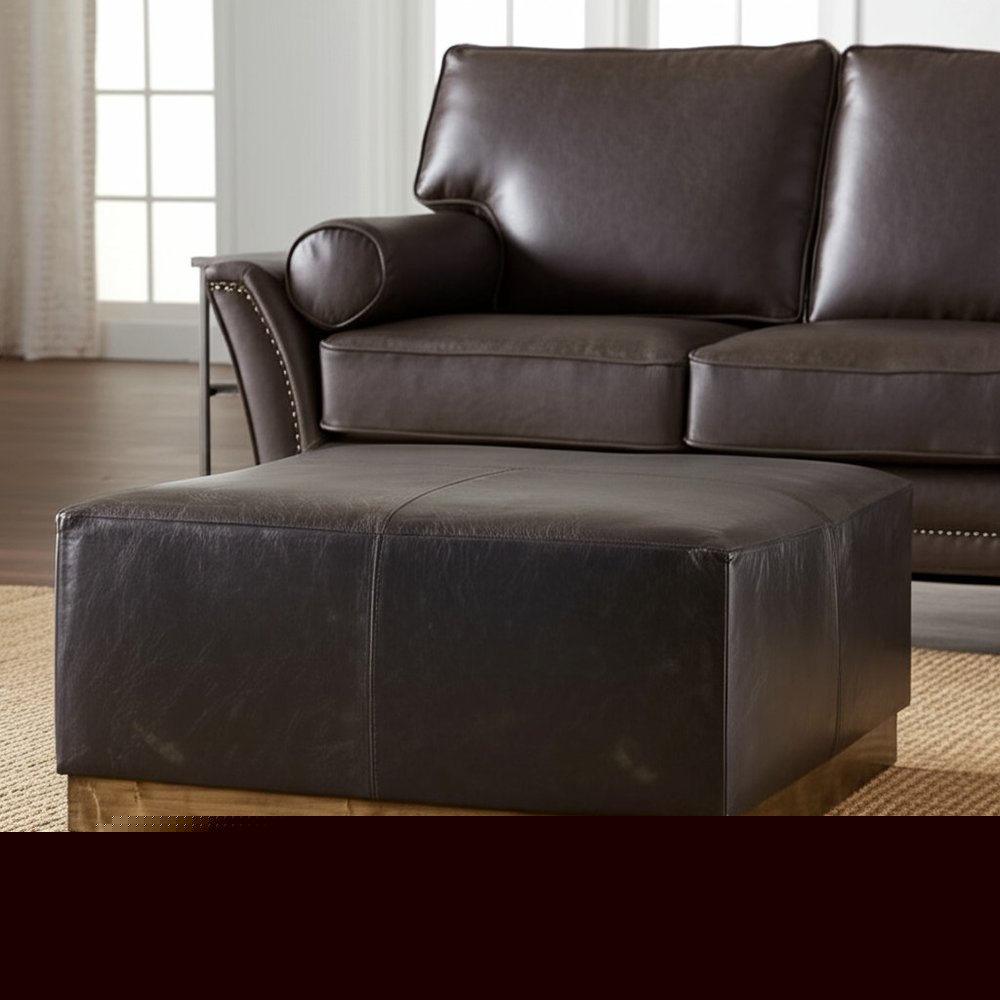 36" Black Faux Leather and Brown Footstool