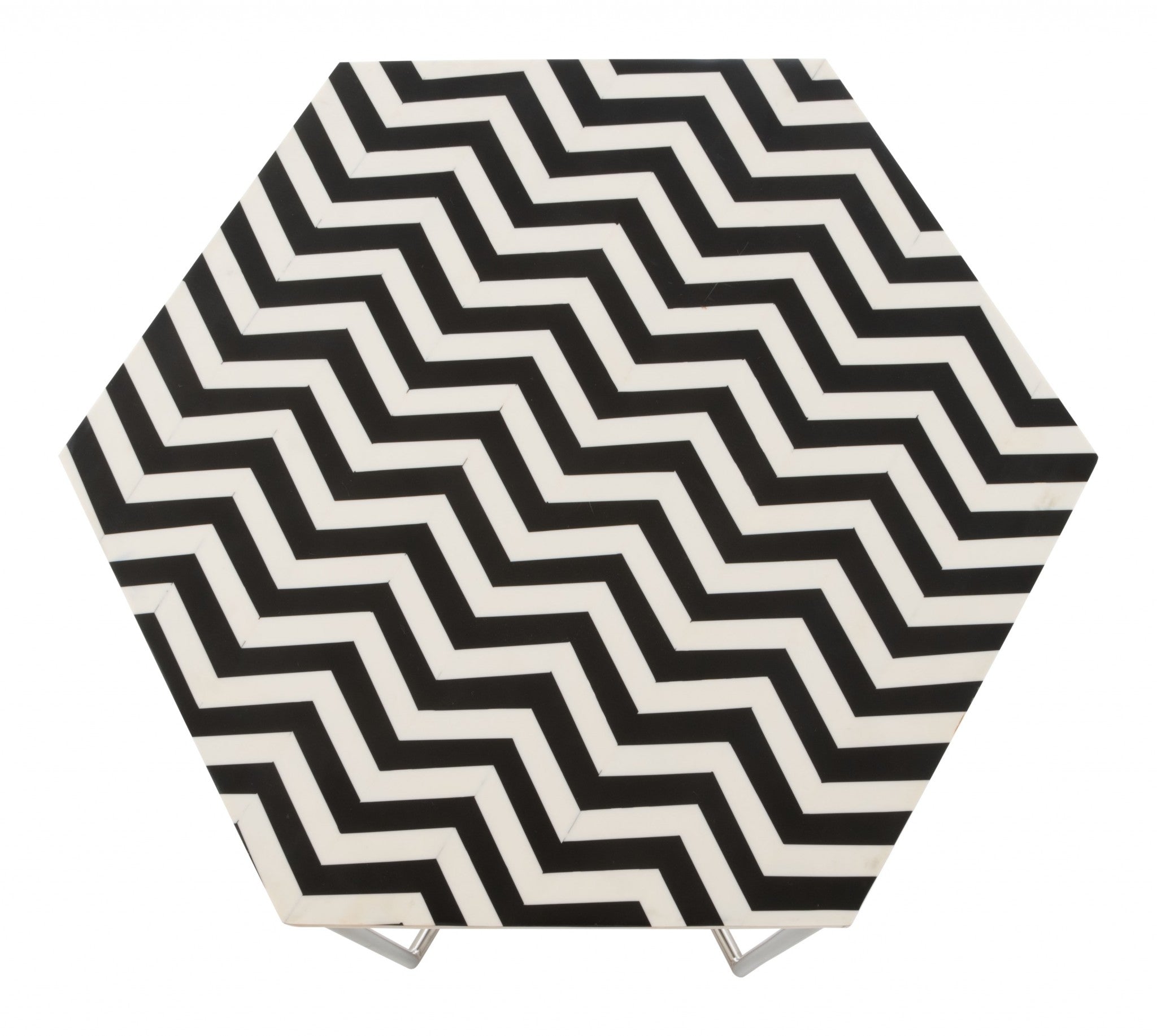 21" Silver And Black And White Stone Hexagon End Table