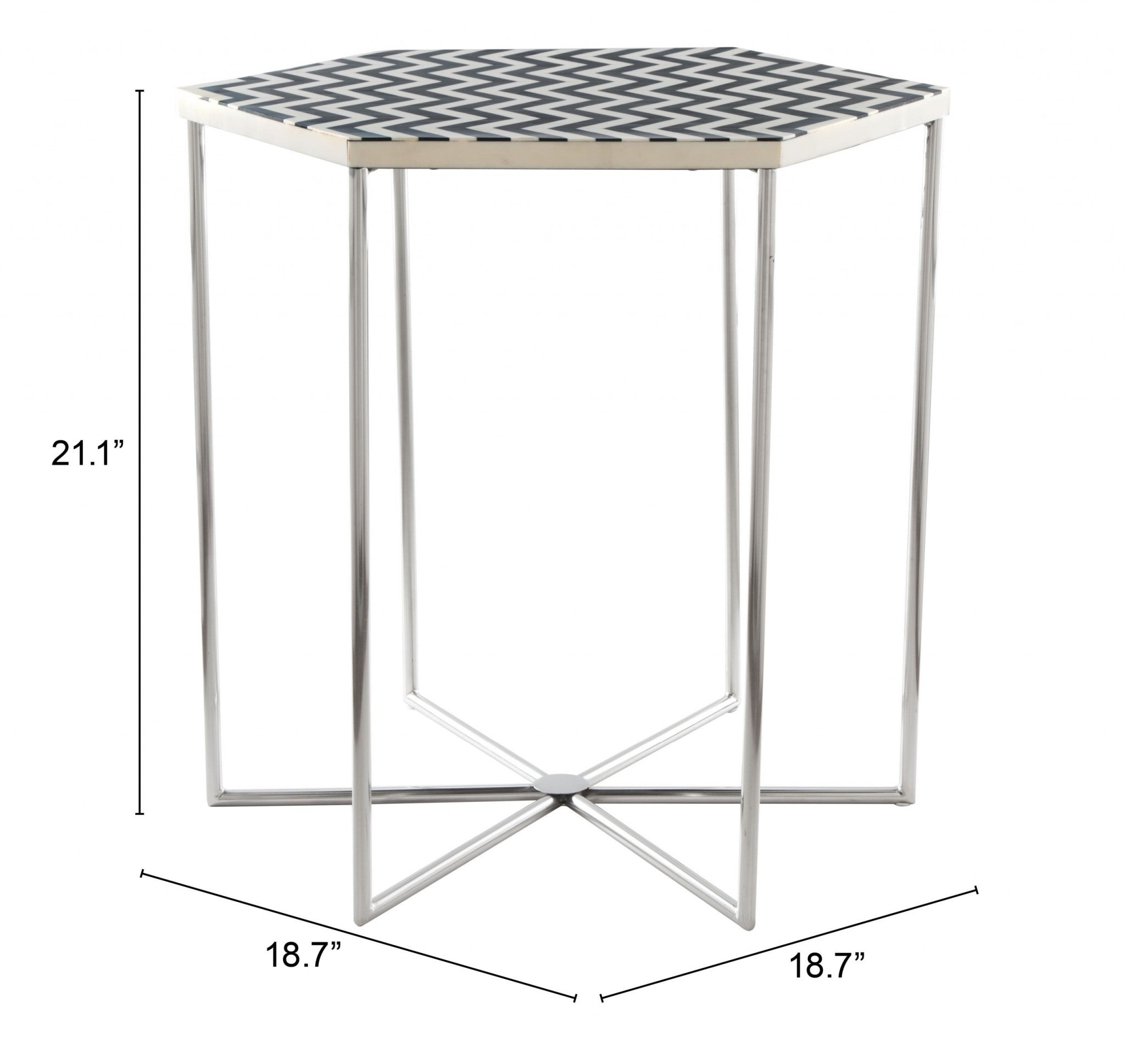 21" Silver And Black And White Stone Hexagon End Table