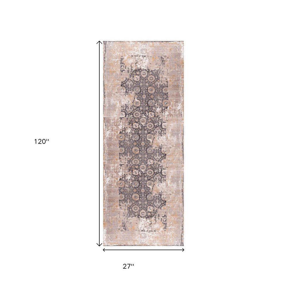 10' Gray And Ivory Oriental Runner Rug