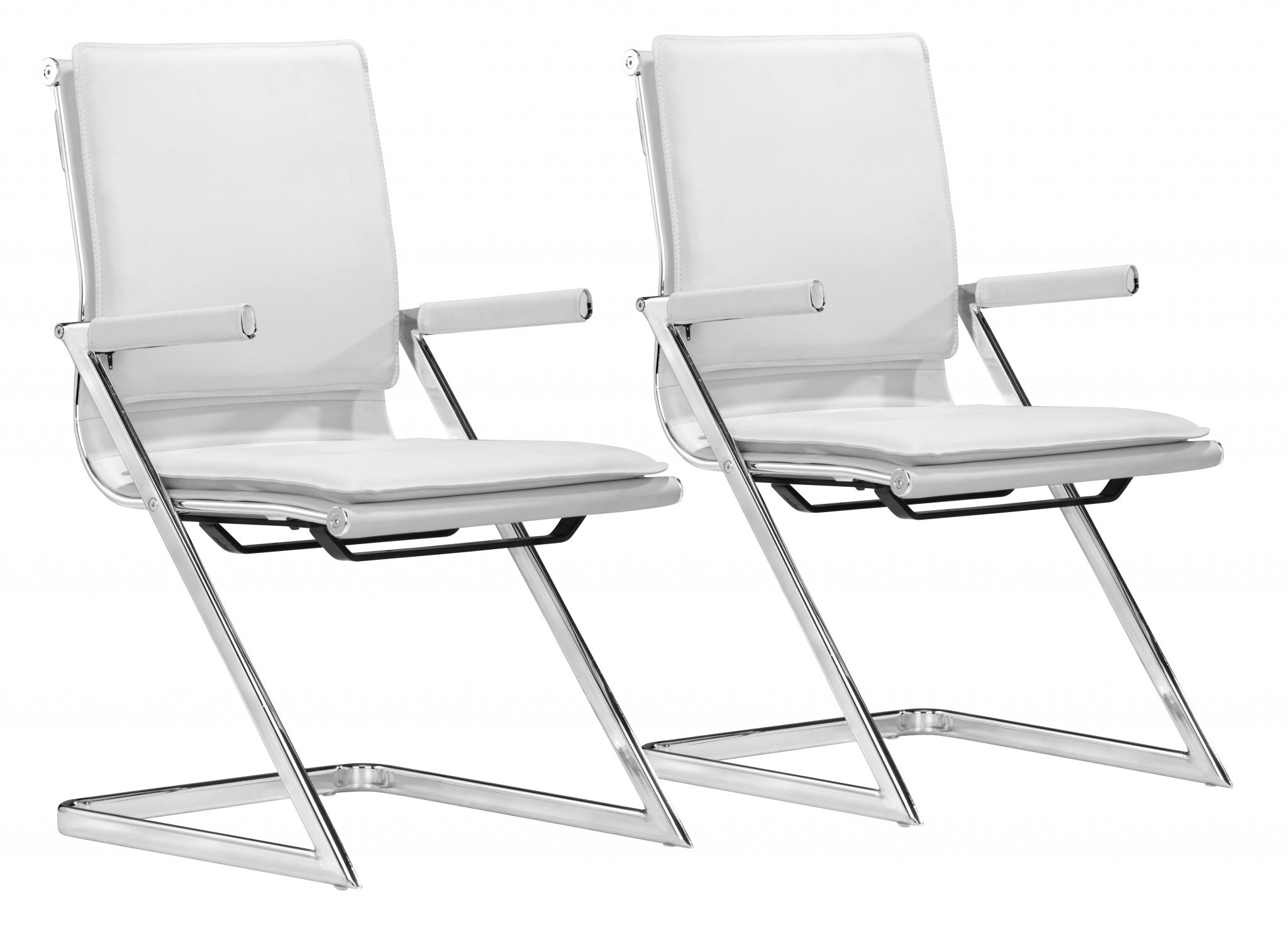 Set Of Two White Faux Leather Seat Adjustable Conference Chair Metal Back Steel Frame