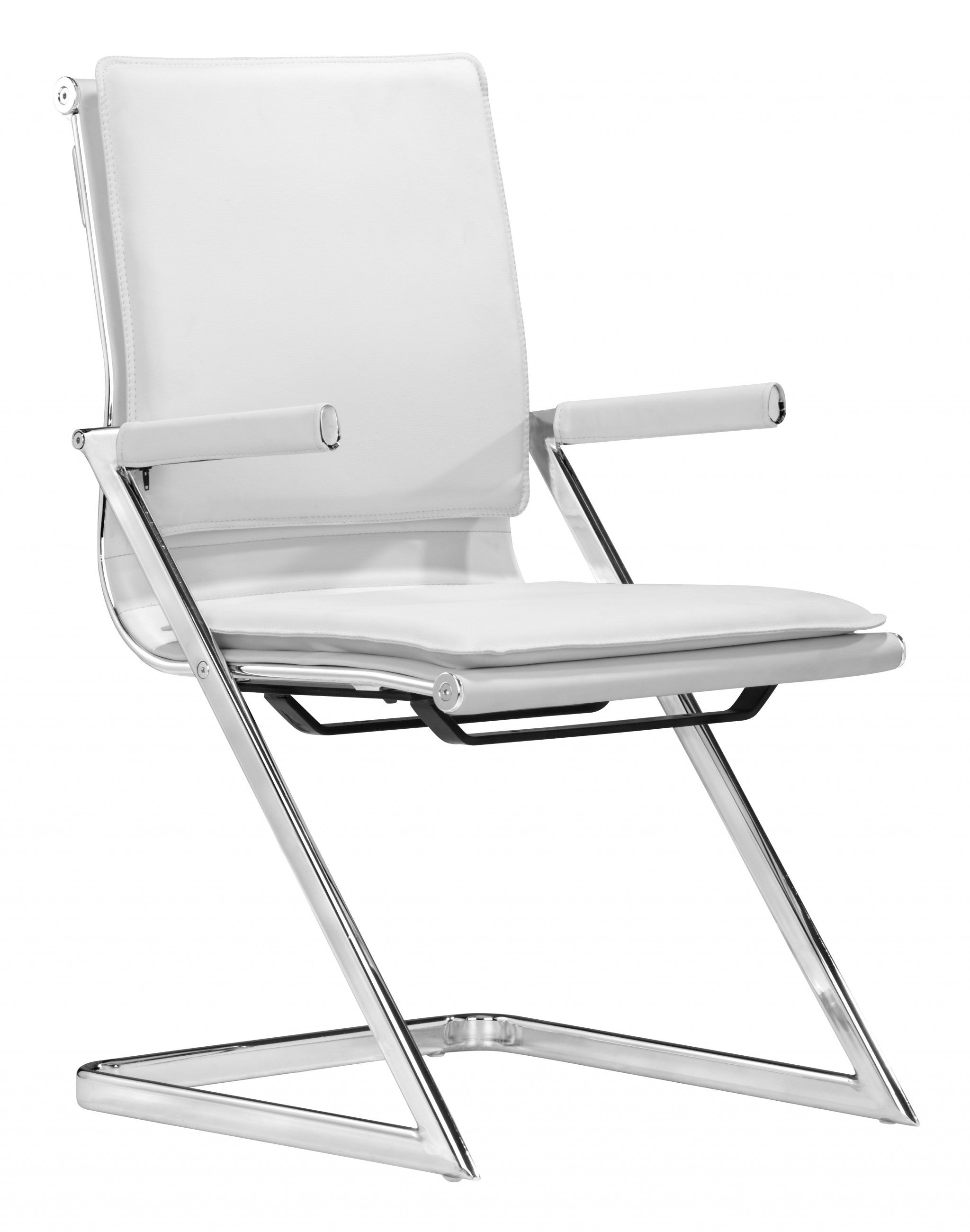 Set Of Two White Faux Leather Seat Adjustable Conference Chair Metal Back Steel Frame