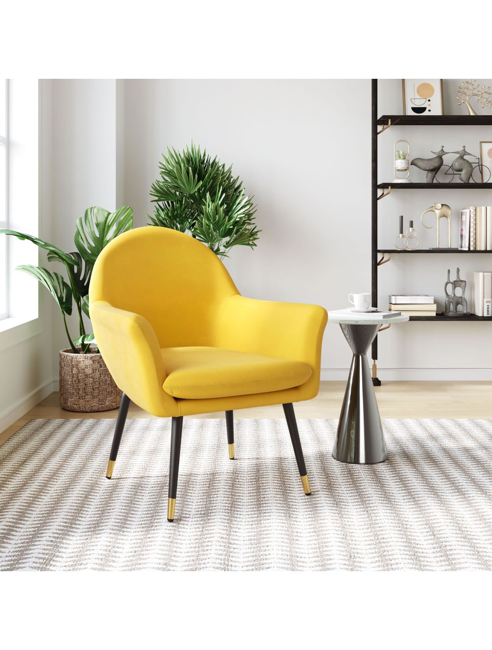 30" Yellow And Gold Velvet Arm Chair