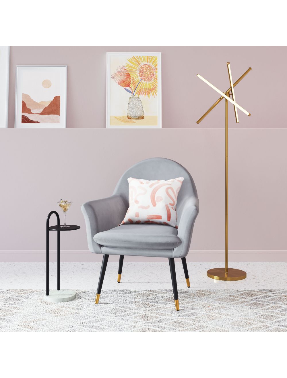 30" Gray And Gold Velvet Arm Chair