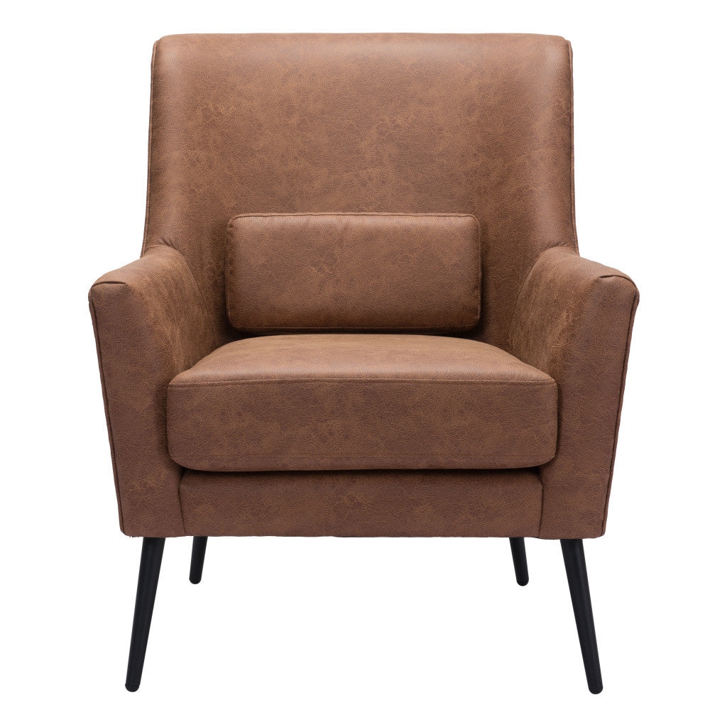 29" Brown And Black Faux Leather And Upholstered Arm Chair And Toss Pillow