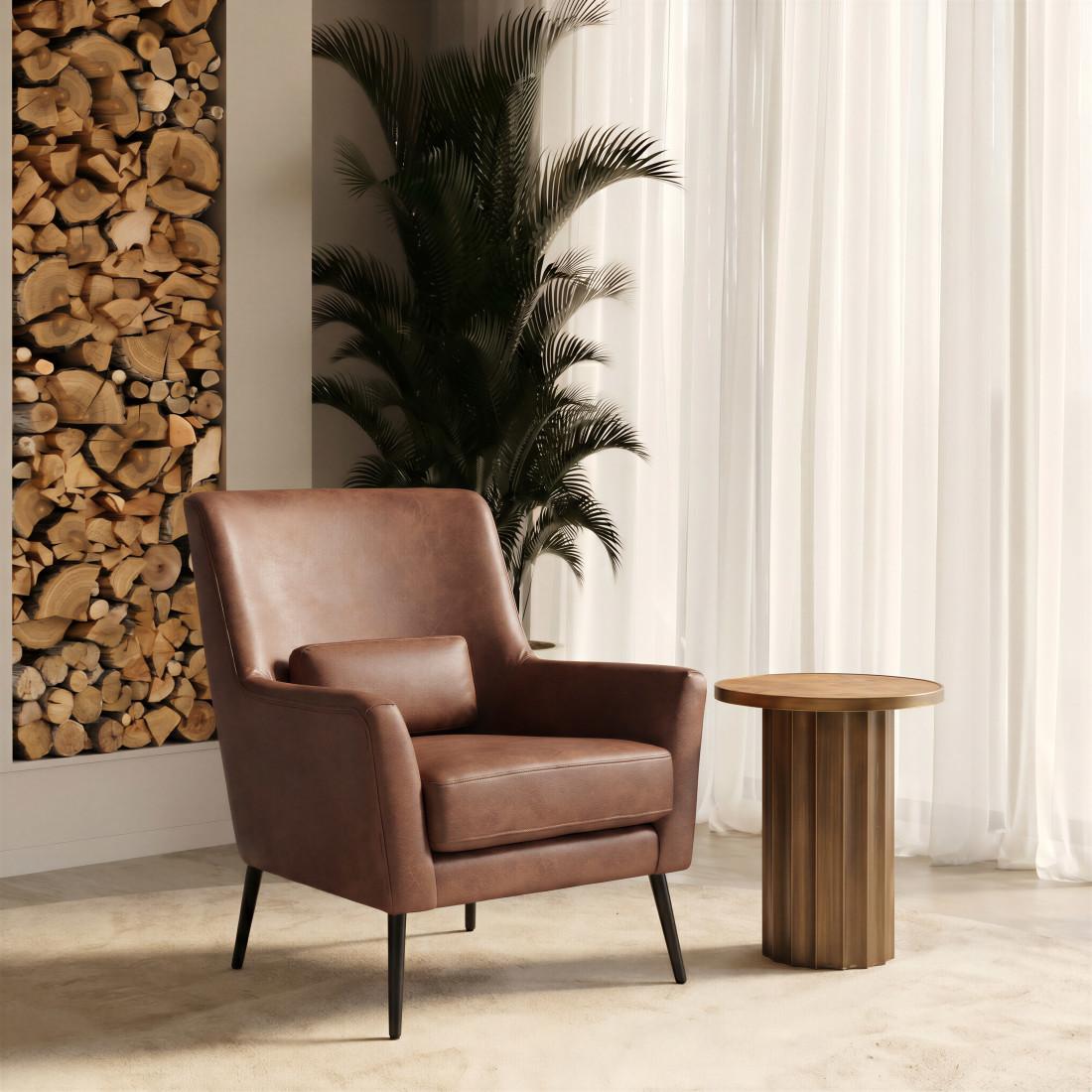 29" Brown And Black Faux Leather And Upholstered Arm Chair And Toss Pillow
