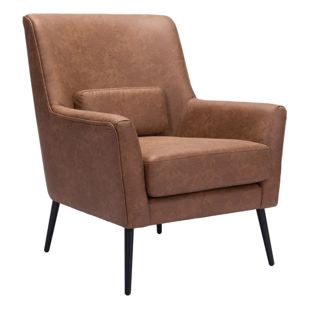 29" Brown And Black Faux Leather And Upholstered Arm Chair And Toss Pillow