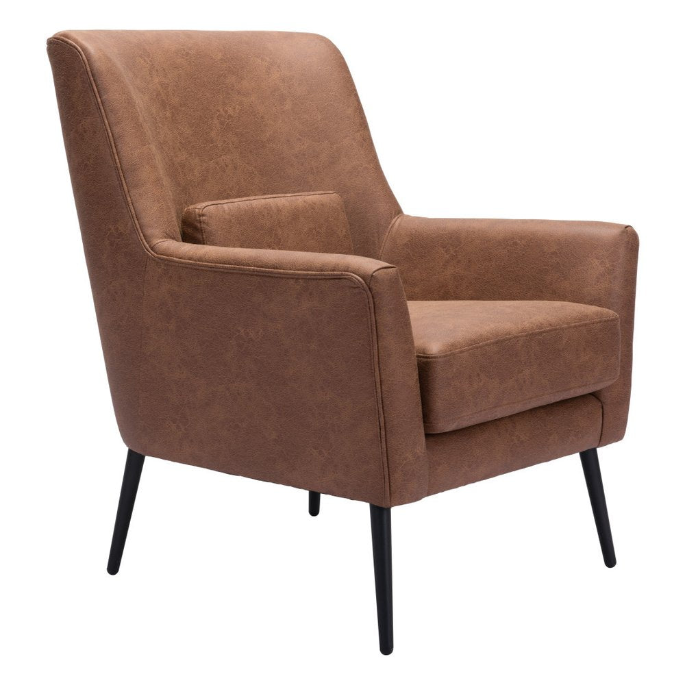 29" Brown And Black Faux Leather And Upholstered Arm Chair And Toss Pillow