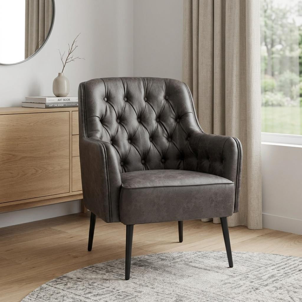 29" Black Faux Leather And Upholstered Tufted Chesterfield Chair