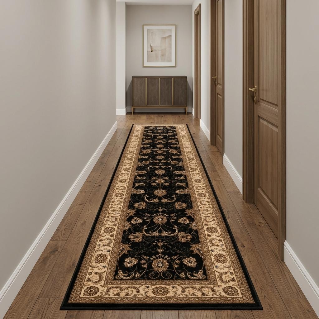 15' Black And Ivory Oriental Runner Rug