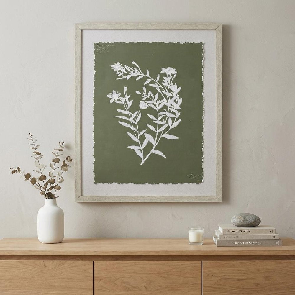 Moss Green and White Botanical Flowers 3 Wall Art