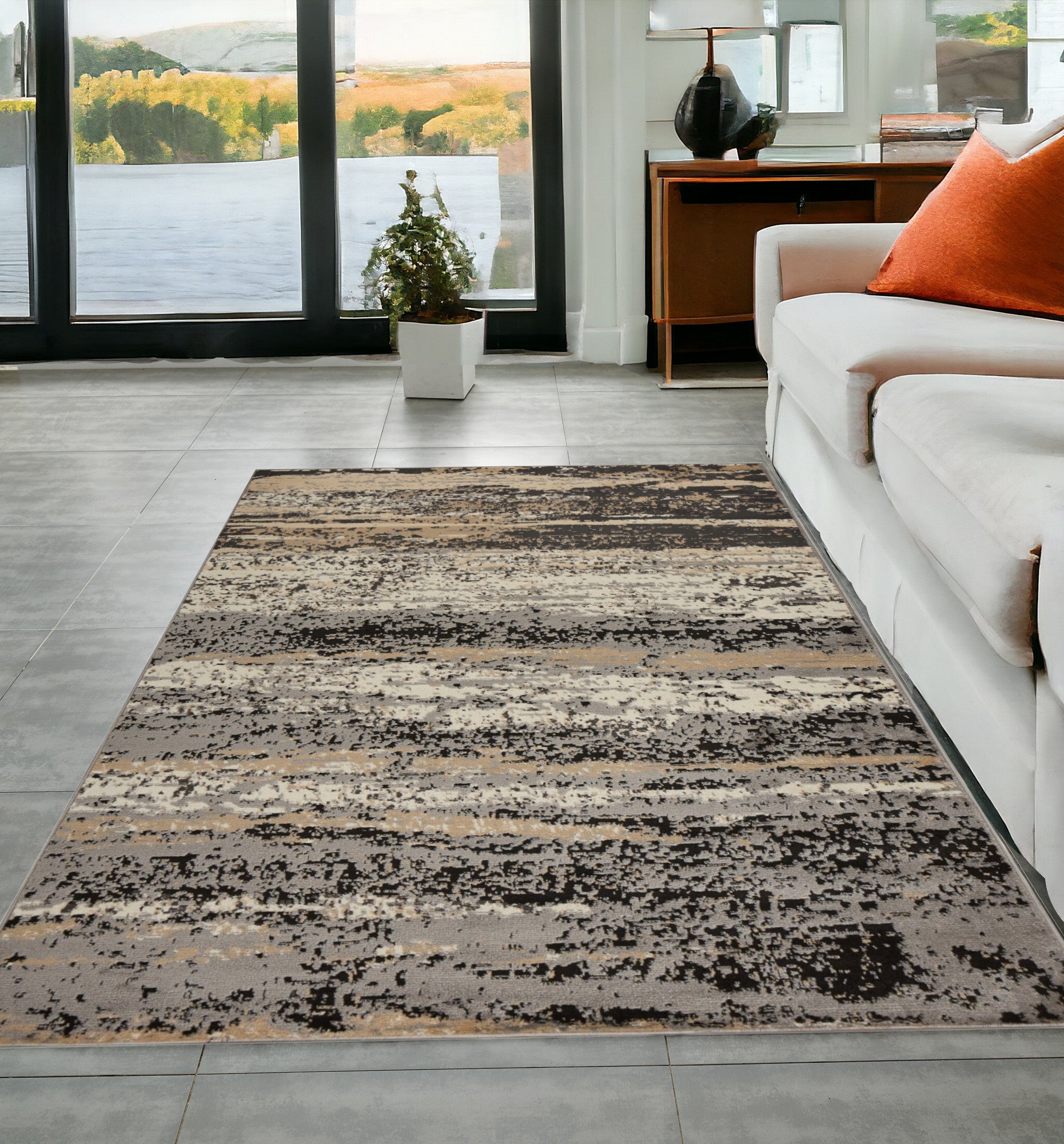 5' X 7' Beige Black And Gray Abstract Area Rug