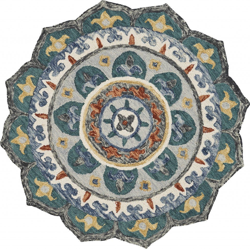 4' Round Teal Decorative Floral Area Rug