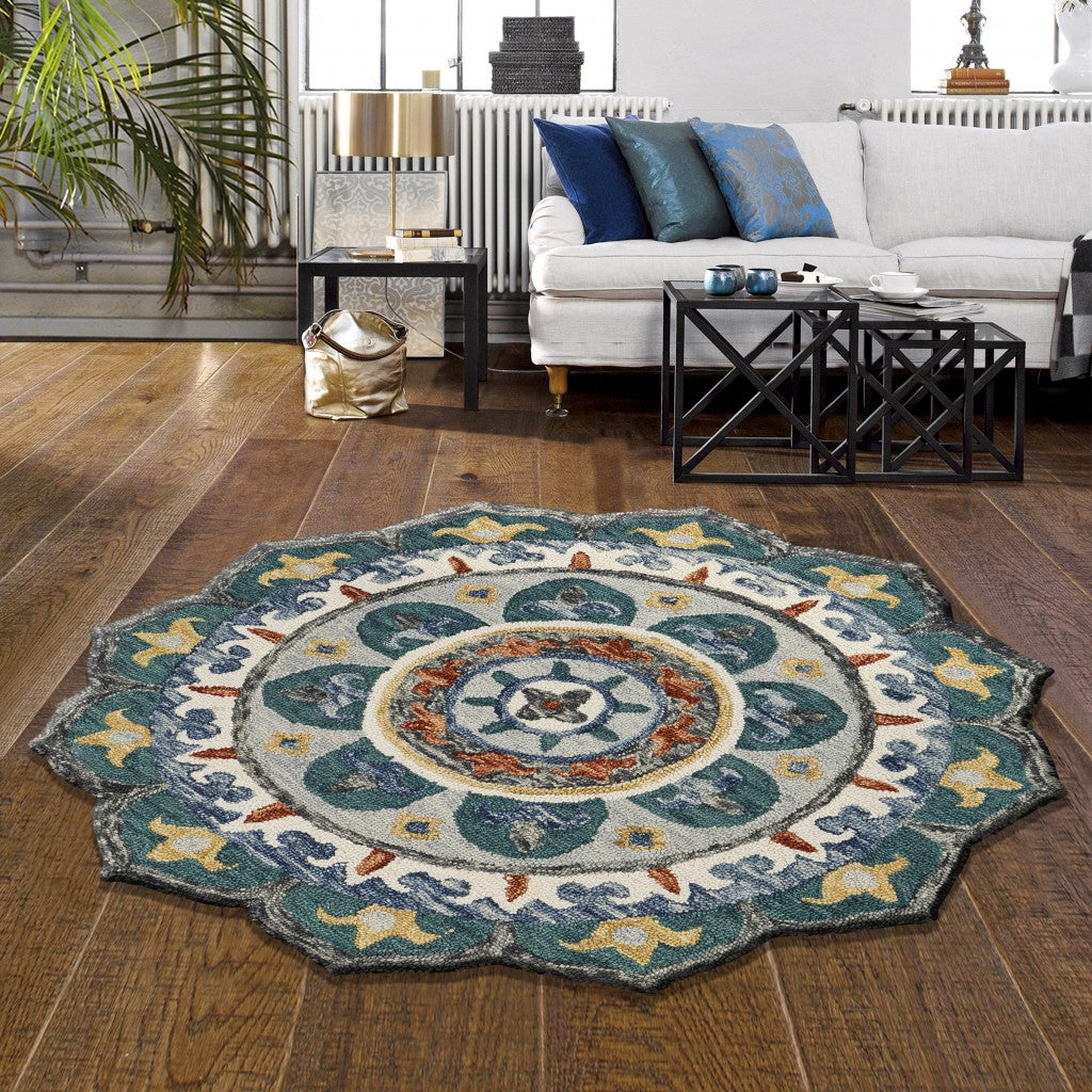 4' Round Teal Decorative Floral Area Rug