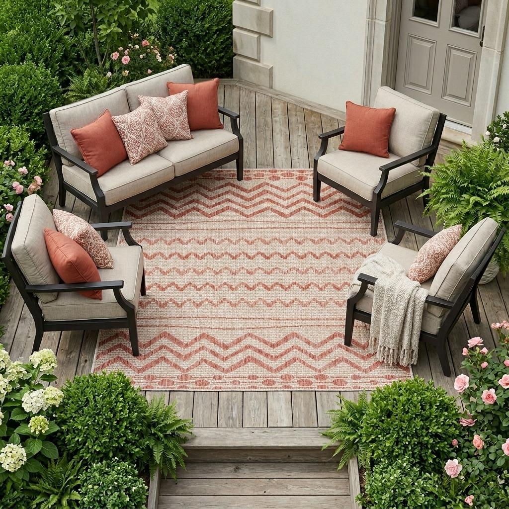 8' X 10' Beige And Red Chevron Indoor Outdoor Area Rug
