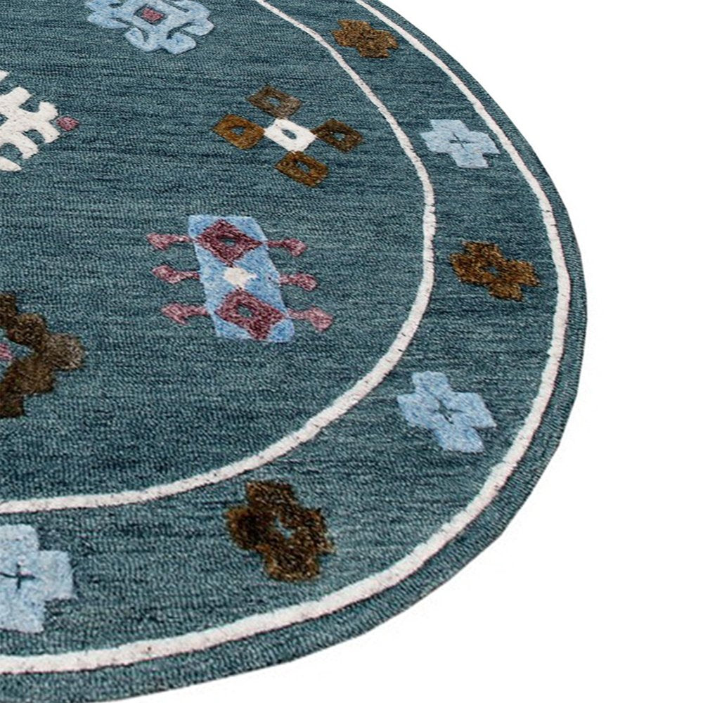 5' Blue Round Wool Hand Hooked Handmade Area Rug