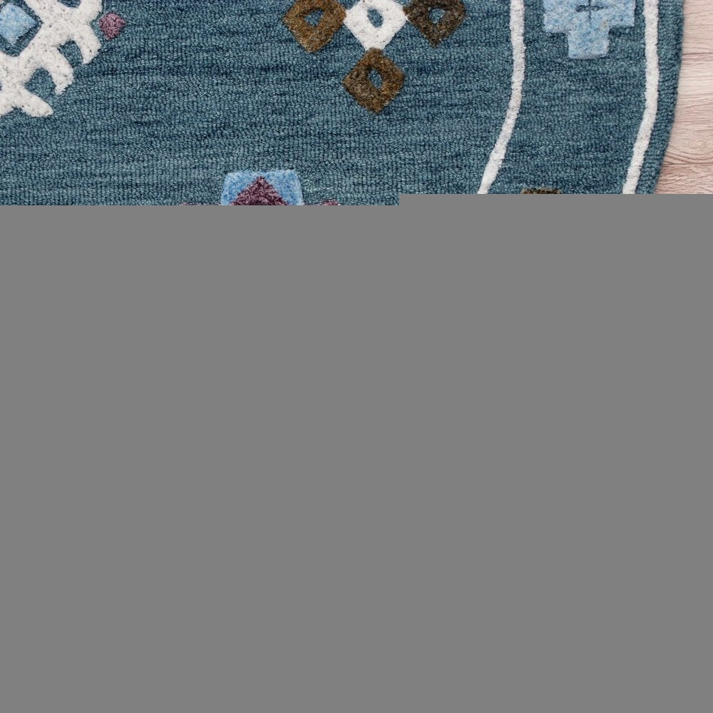 5' Blue Round Wool Hand Hooked Handmade Area Rug