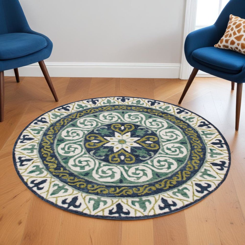 5' Round Blue and Green Ornate Medallion Area Rug
