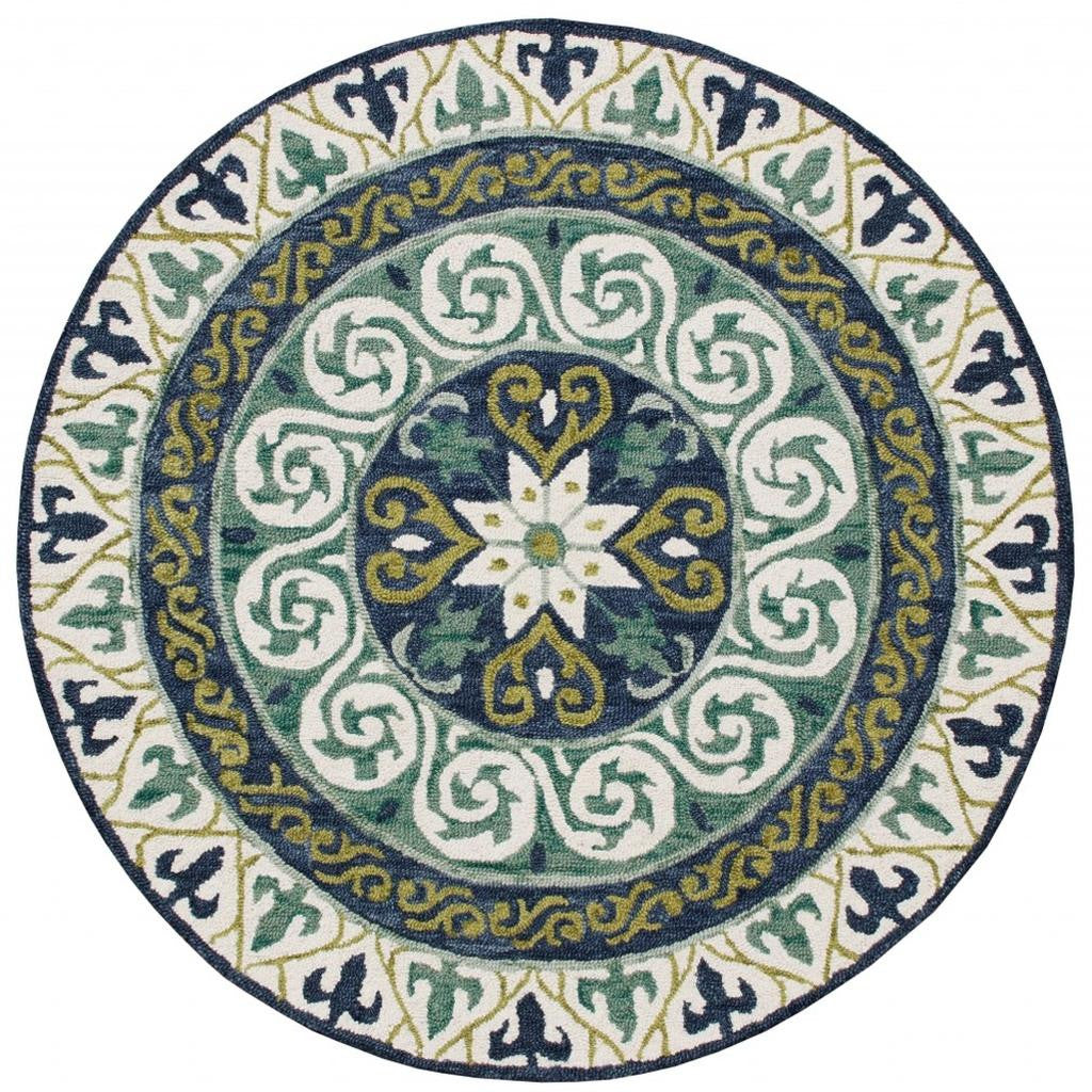 5' Round Blue and Green Ornate Medallion Area Rug