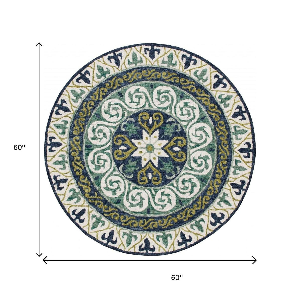 5' Round Blue and Green Ornate Medallion Area Rug