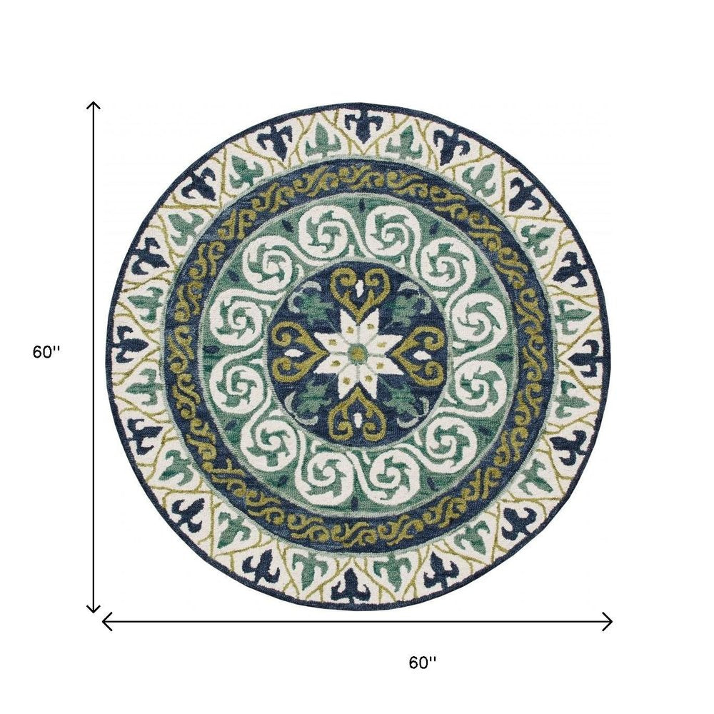 5' Round Blue and Green Ornate Medallion Area Rug