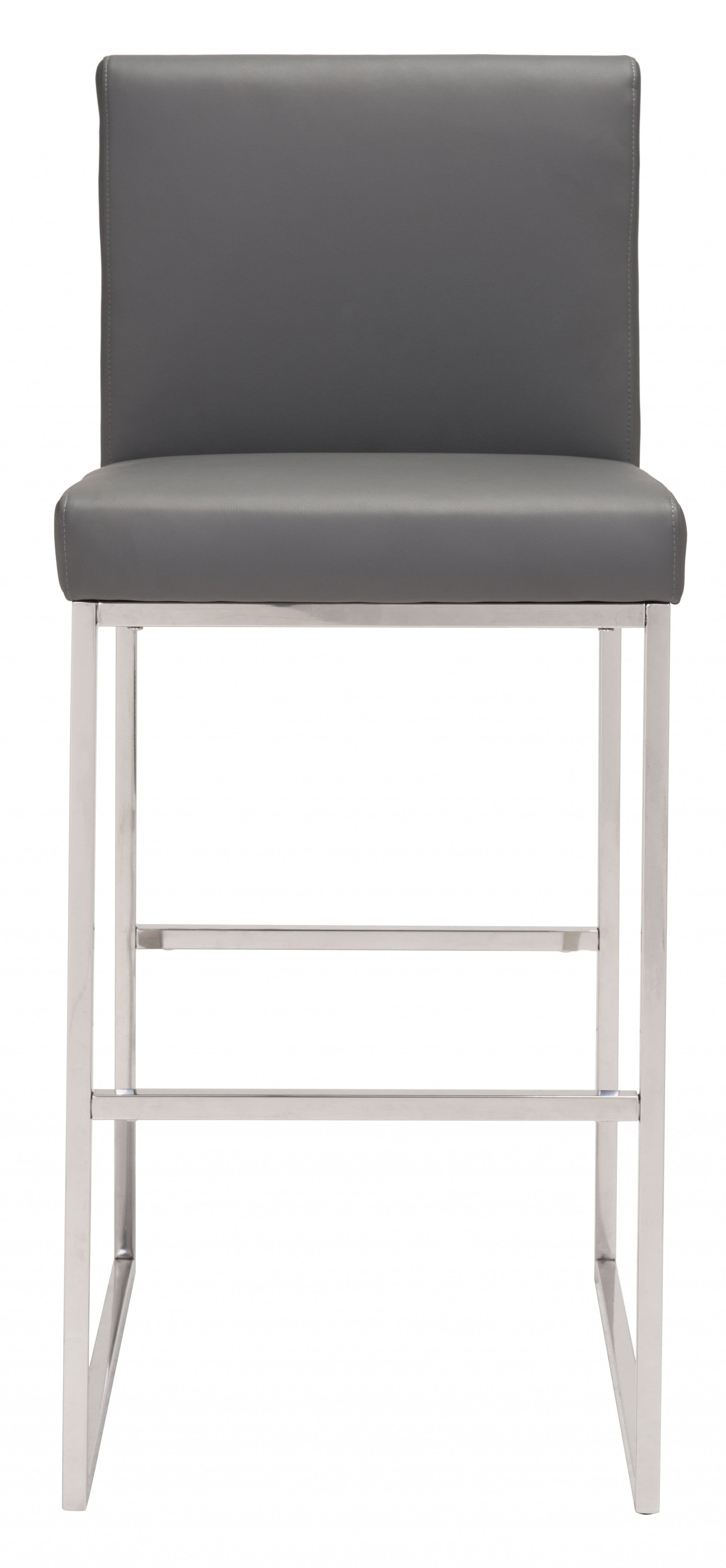 31" Gray And Silver Faux Leather And Steel Low Back Bar Height Bar Chair