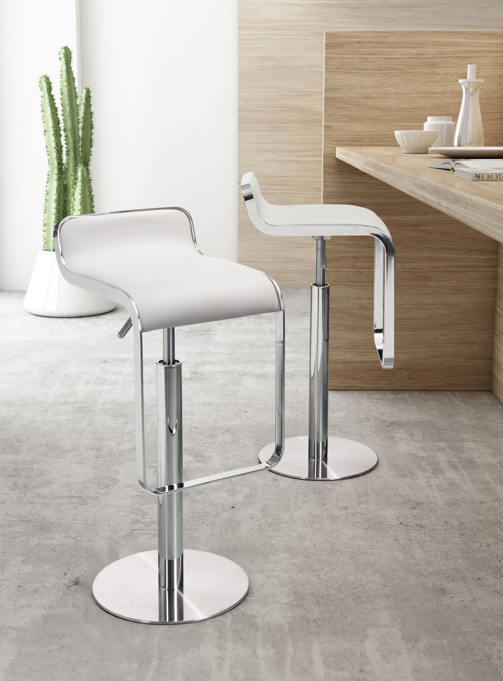 27" White And Silver Steel Swivel Backless Adjustable Height Bar Chair