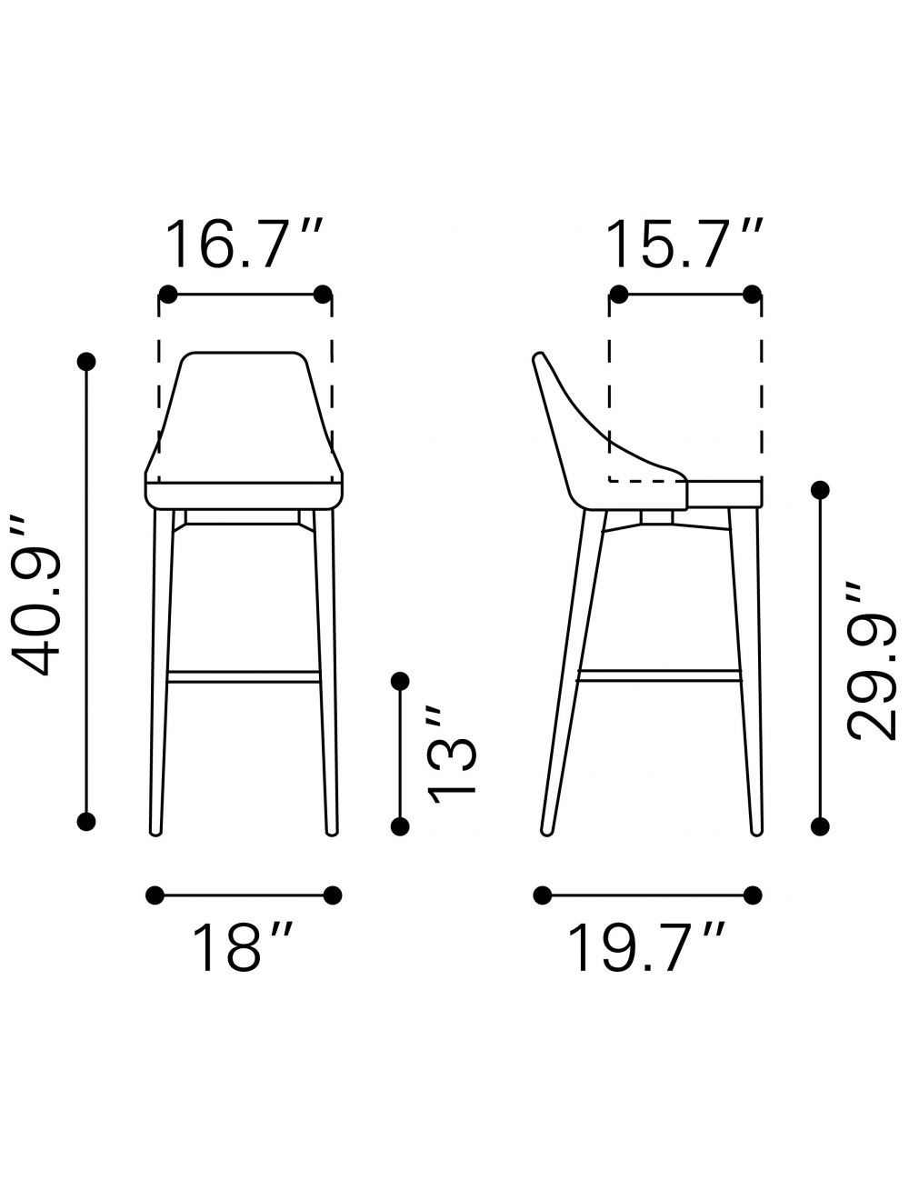 30" Gray And Brown Solid Wood Low Back Bar Height Bar Chair