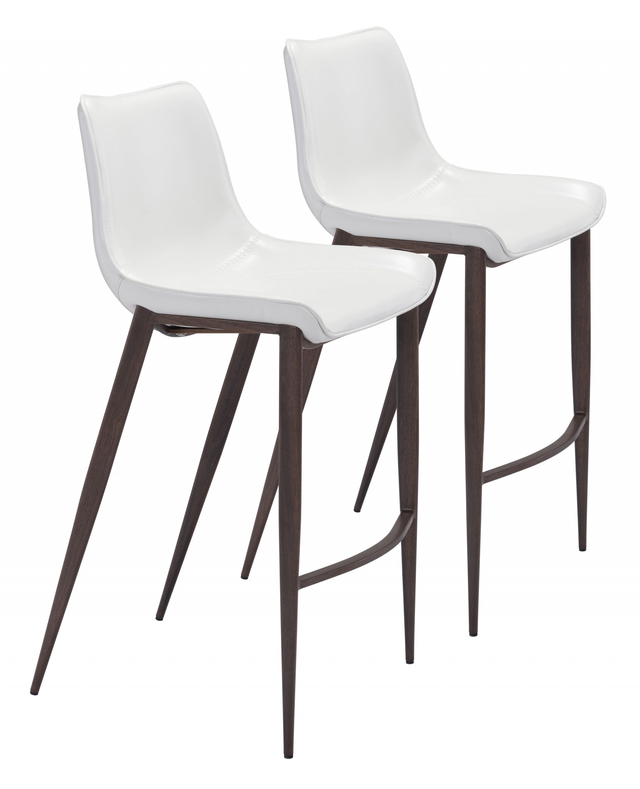 Set of Two 30" White And Brown Steel Low Back Bar Height Bar Chairs