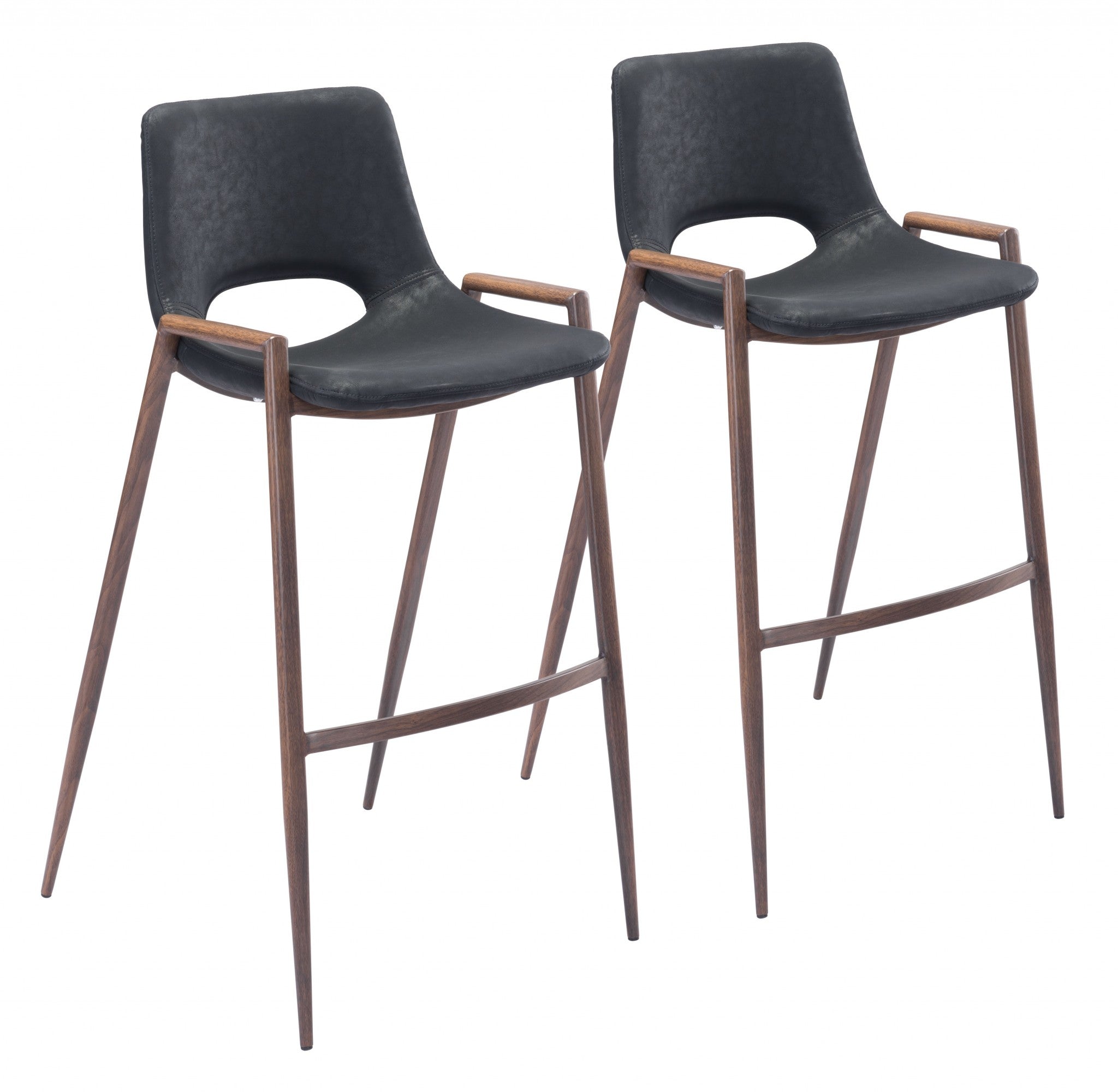 Set of Two 29 " Black And Brown Steel Low Back Bar Height Bar Chairs