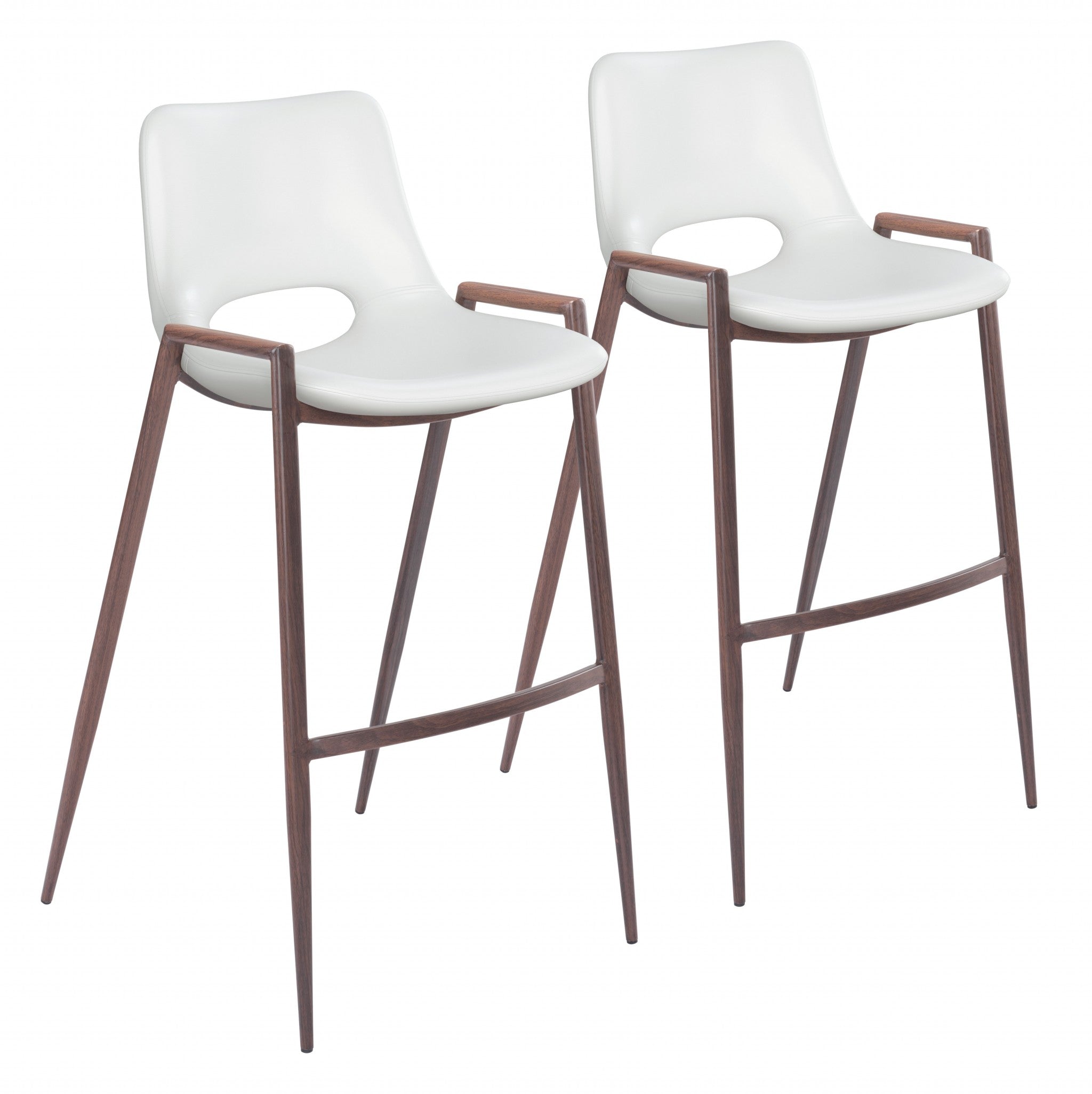 Set of Two 29" White And Brown Steel Low Back Bar Height Bar Chairs