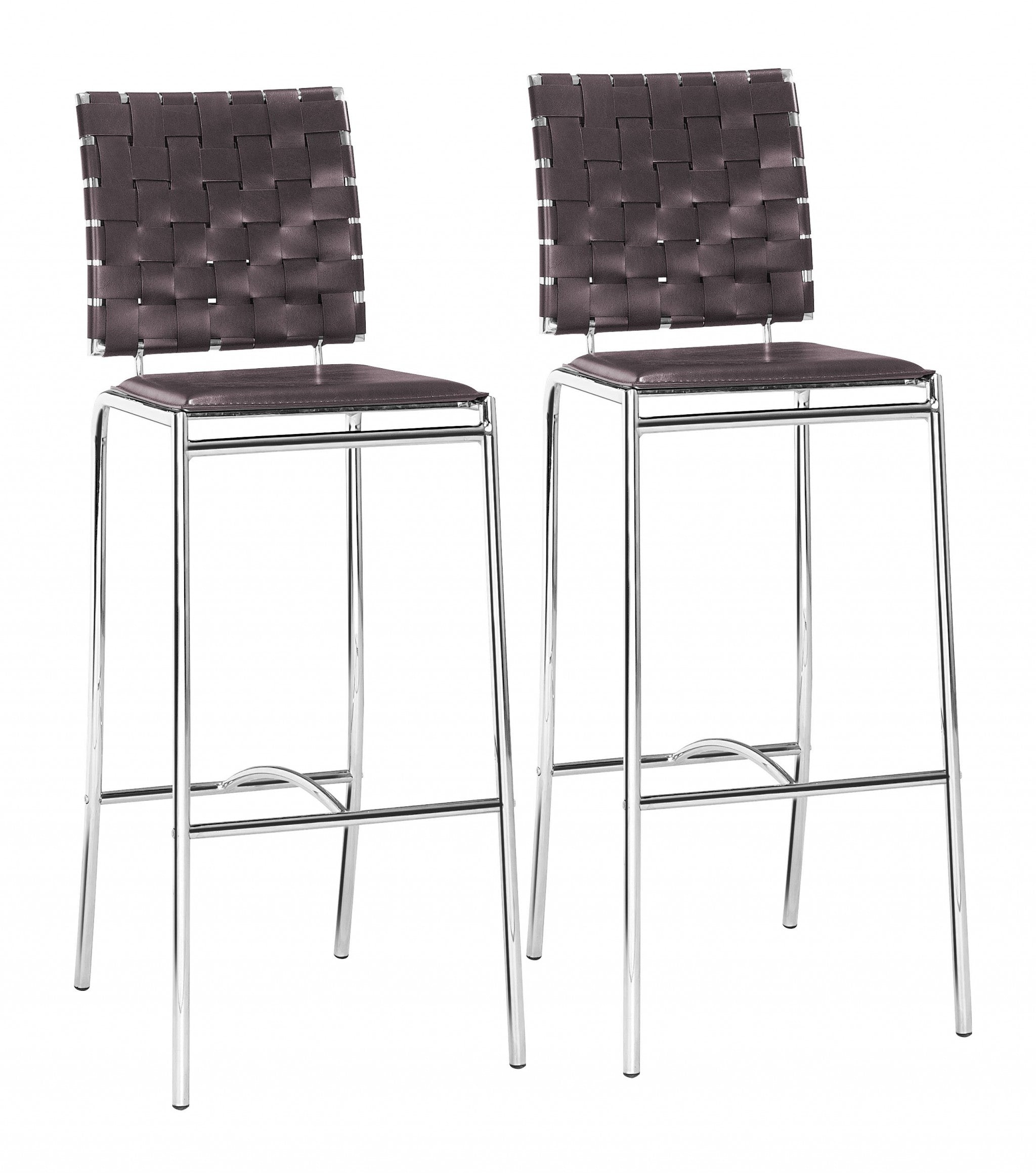 Set of Two 29" Espresso And Silver Steel Low Back Bar Height Bar Chairs