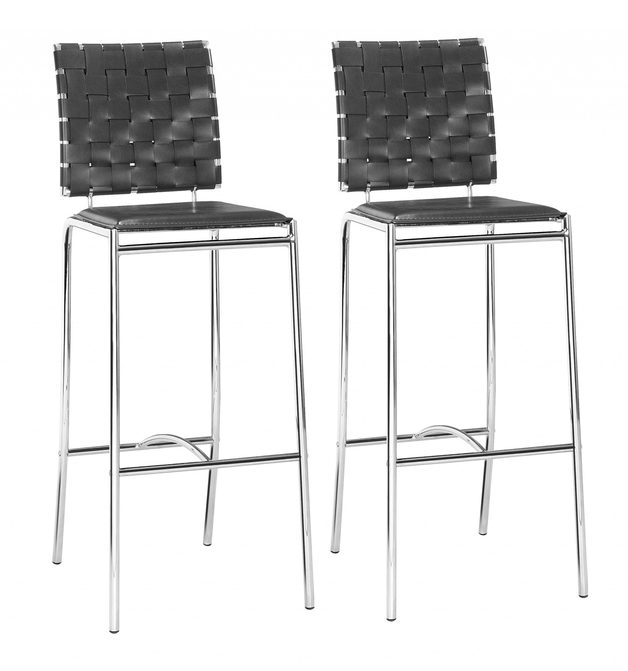 Set of Two 29" Black And Silver Steel Low Back Bar Height Bar Chairs