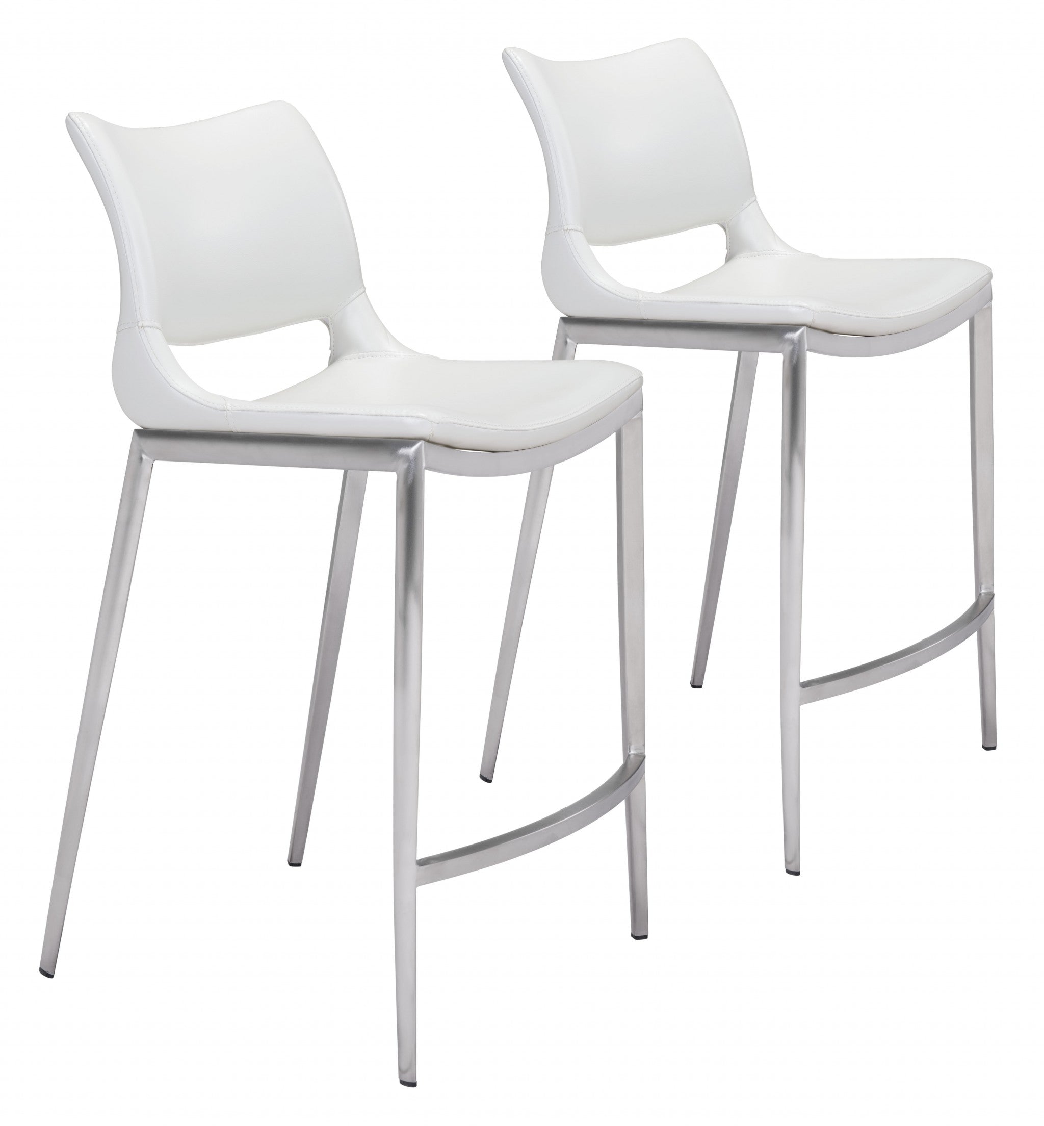 Set of Two 25" White And Silver Steel Low Back Counter Height Bar Chairs