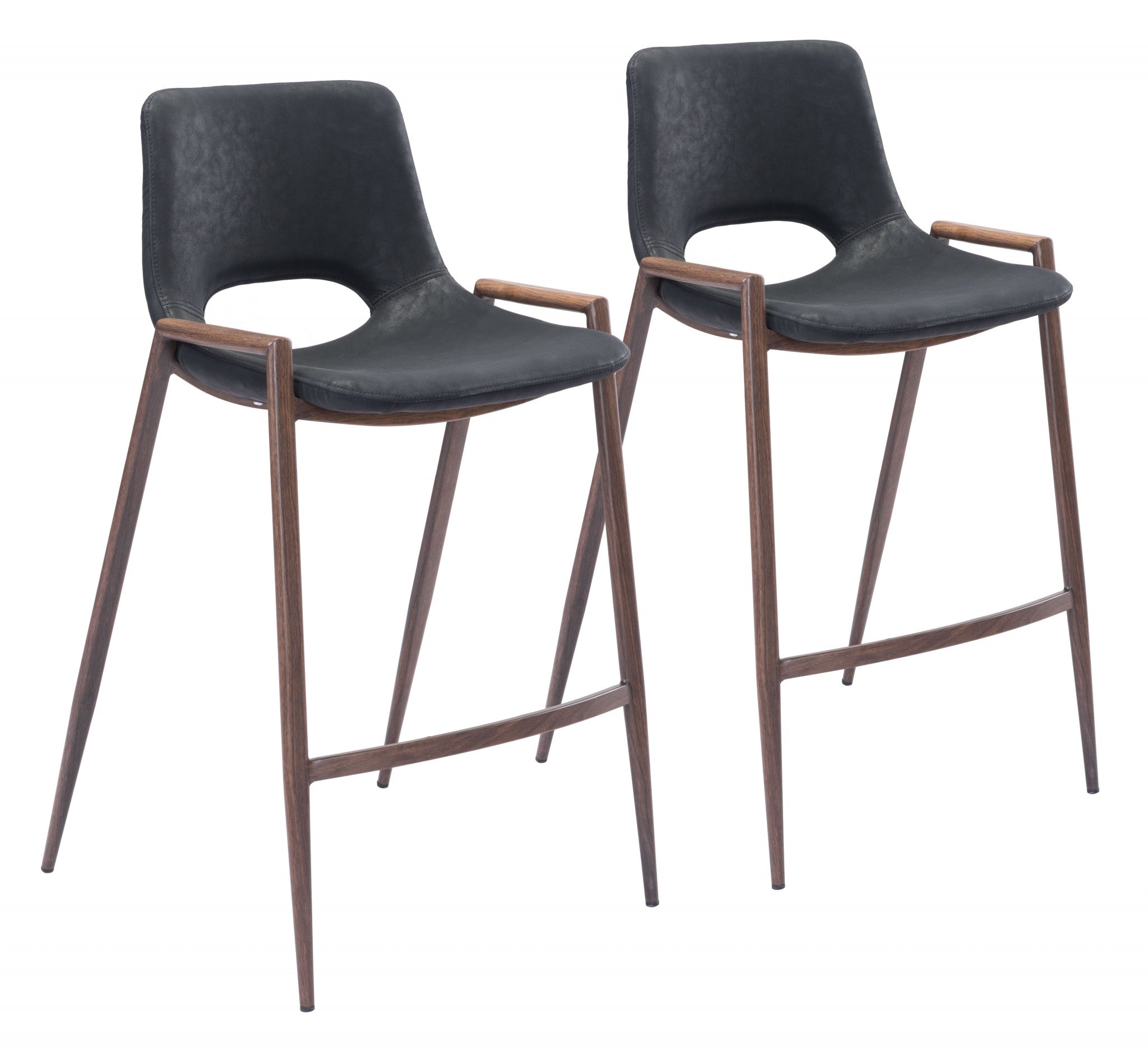 Set of Two 26" Black And Brown Steel Low Back Counter Height Bar Chairs