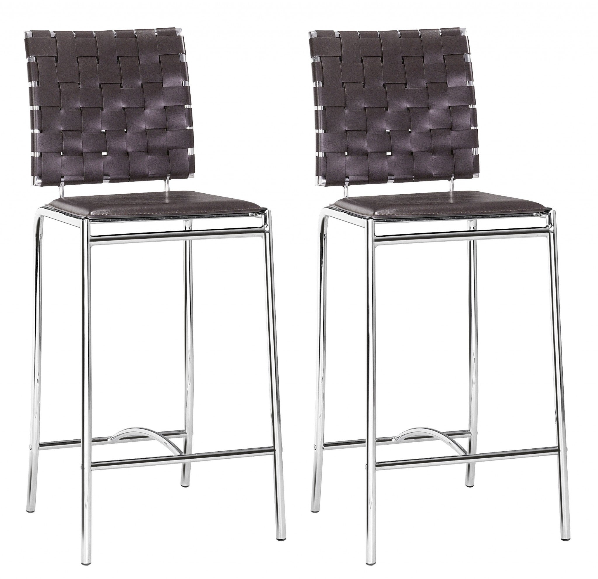 Set of Two 26" Espresso And Silver Steel Low Back Counter Height Bar Chairs
