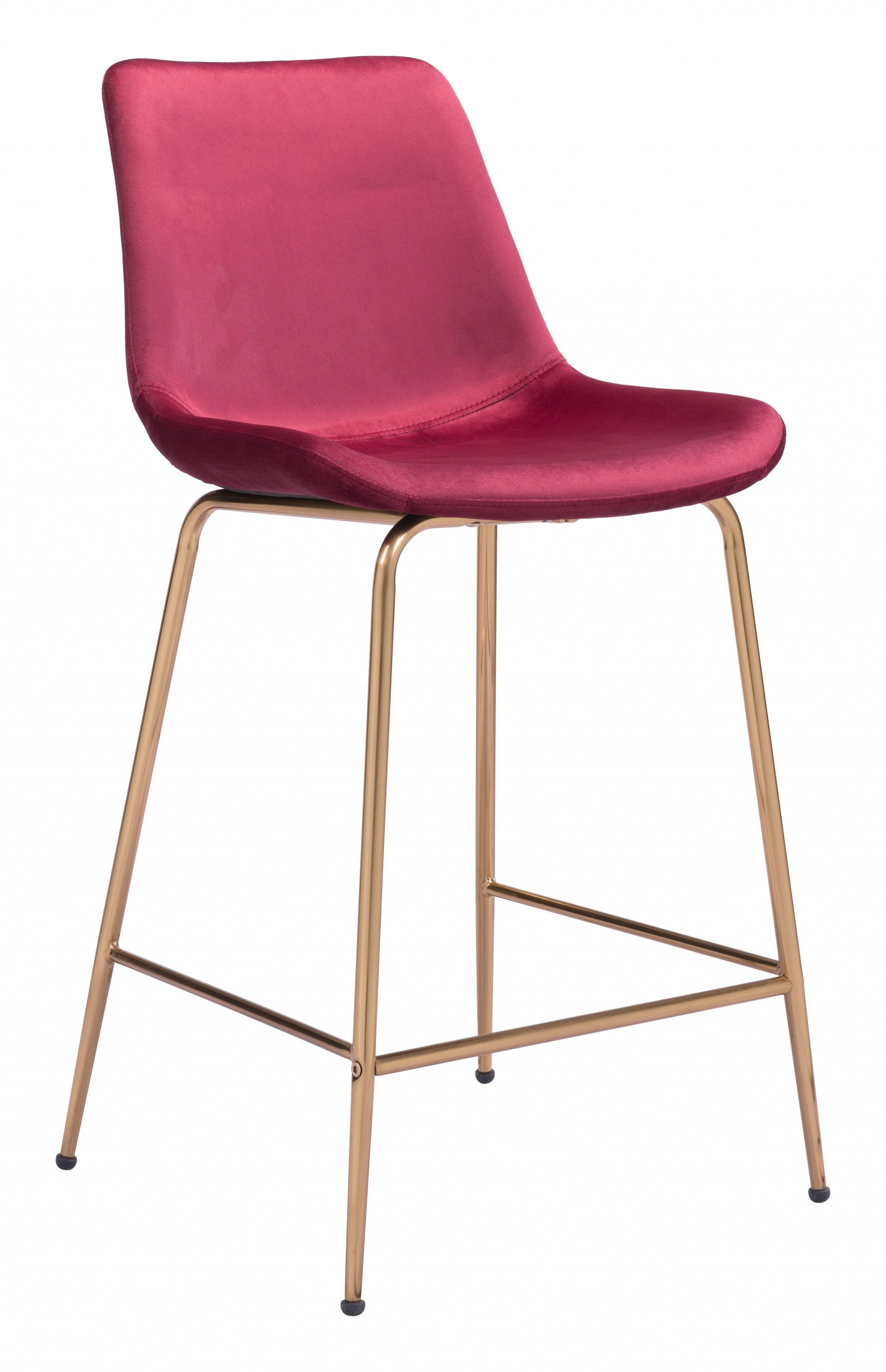 26" Red And Copper Velvet And Steel Low Back Counter Height Bar Chair