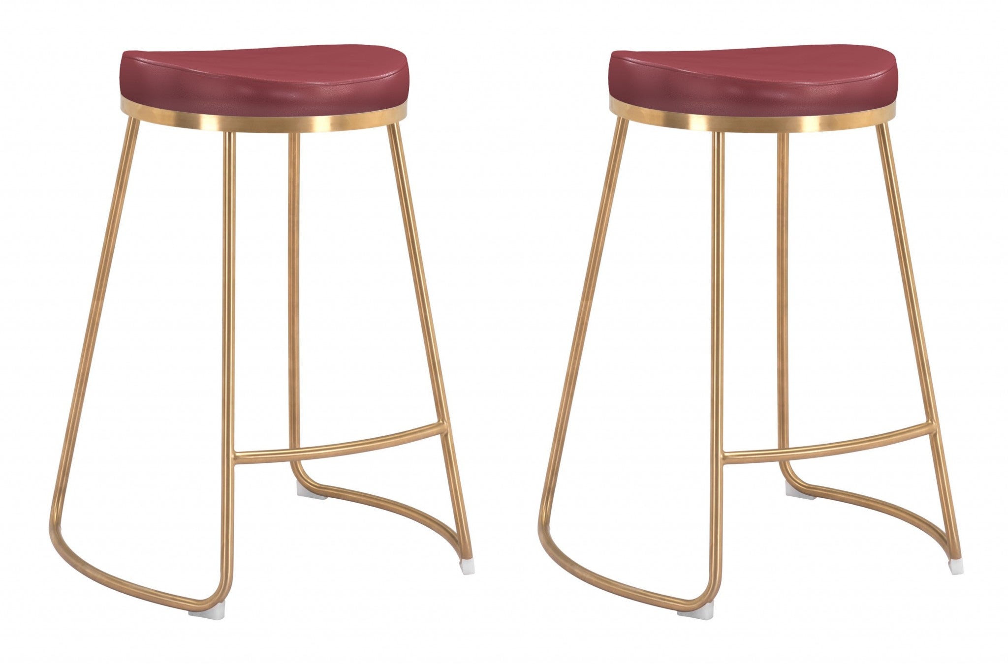Set of Two " Red And Gold Faux Leather And Stainless Steel Backless Counter Height Bar Chairs