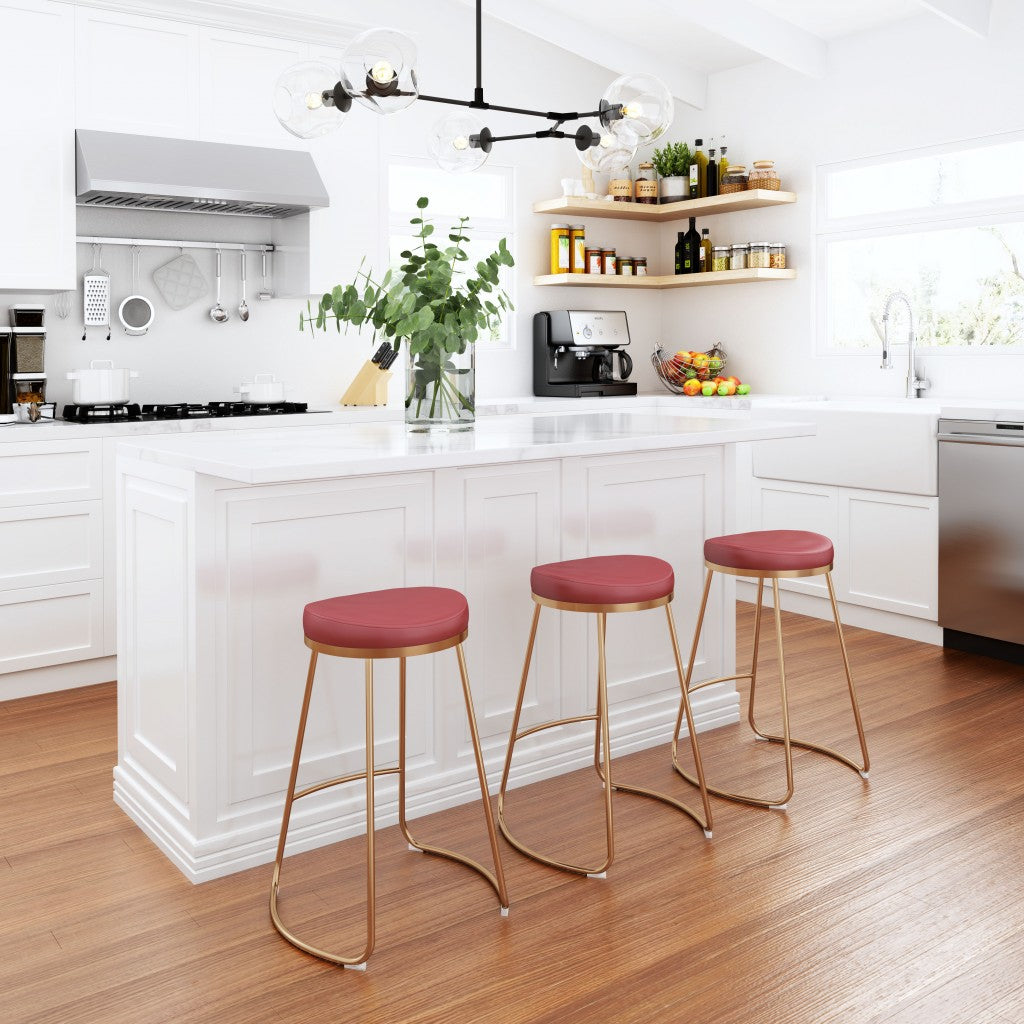 Set of Two 26" Red And Gold Stainless Steel Backless Counter Height Bar Chairs