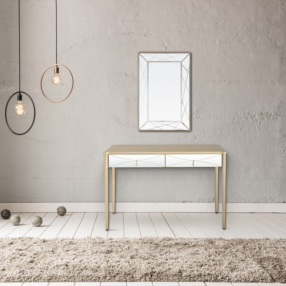 48" Champagne And Silver Mirrored Solid Wood And Glass Console Table With Two Drawers