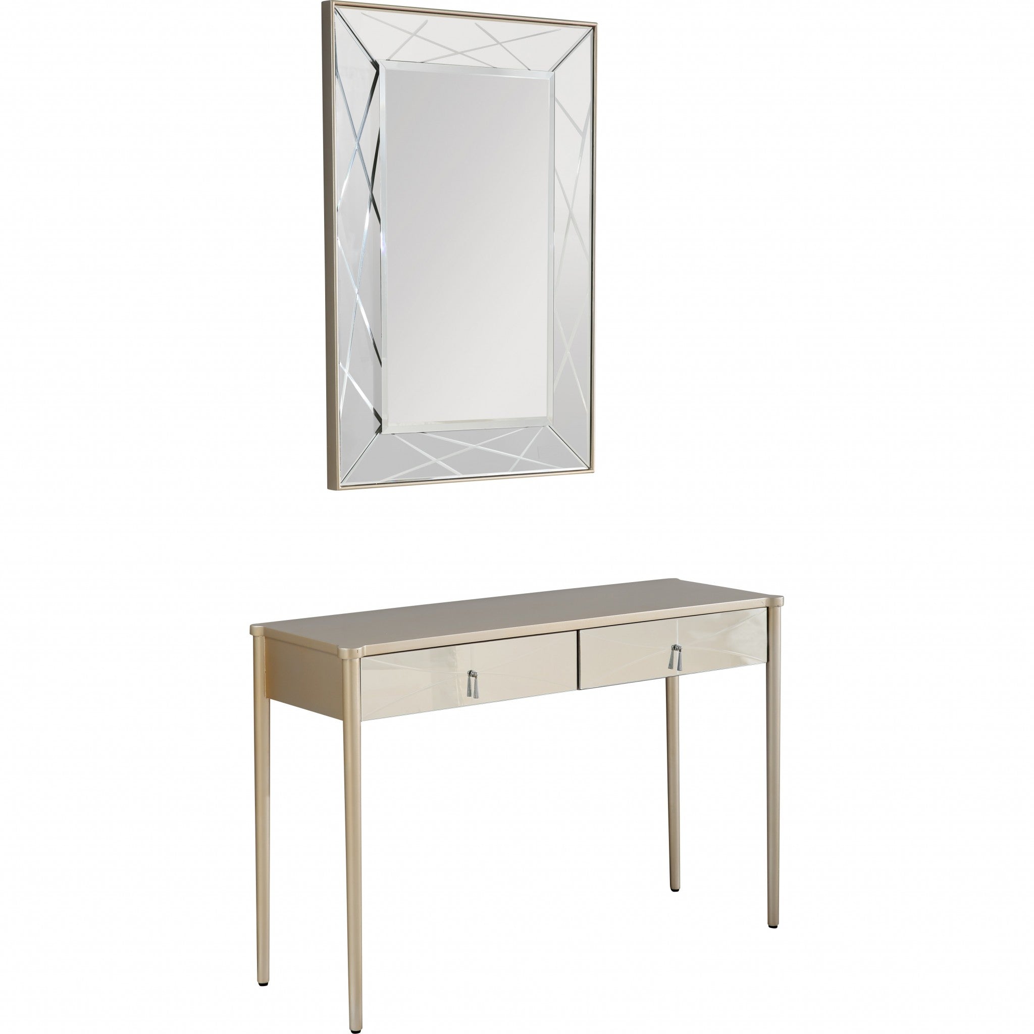 48" Champagne And Silver Mirrored Solid Wood And Glass Console Table With Two Drawers