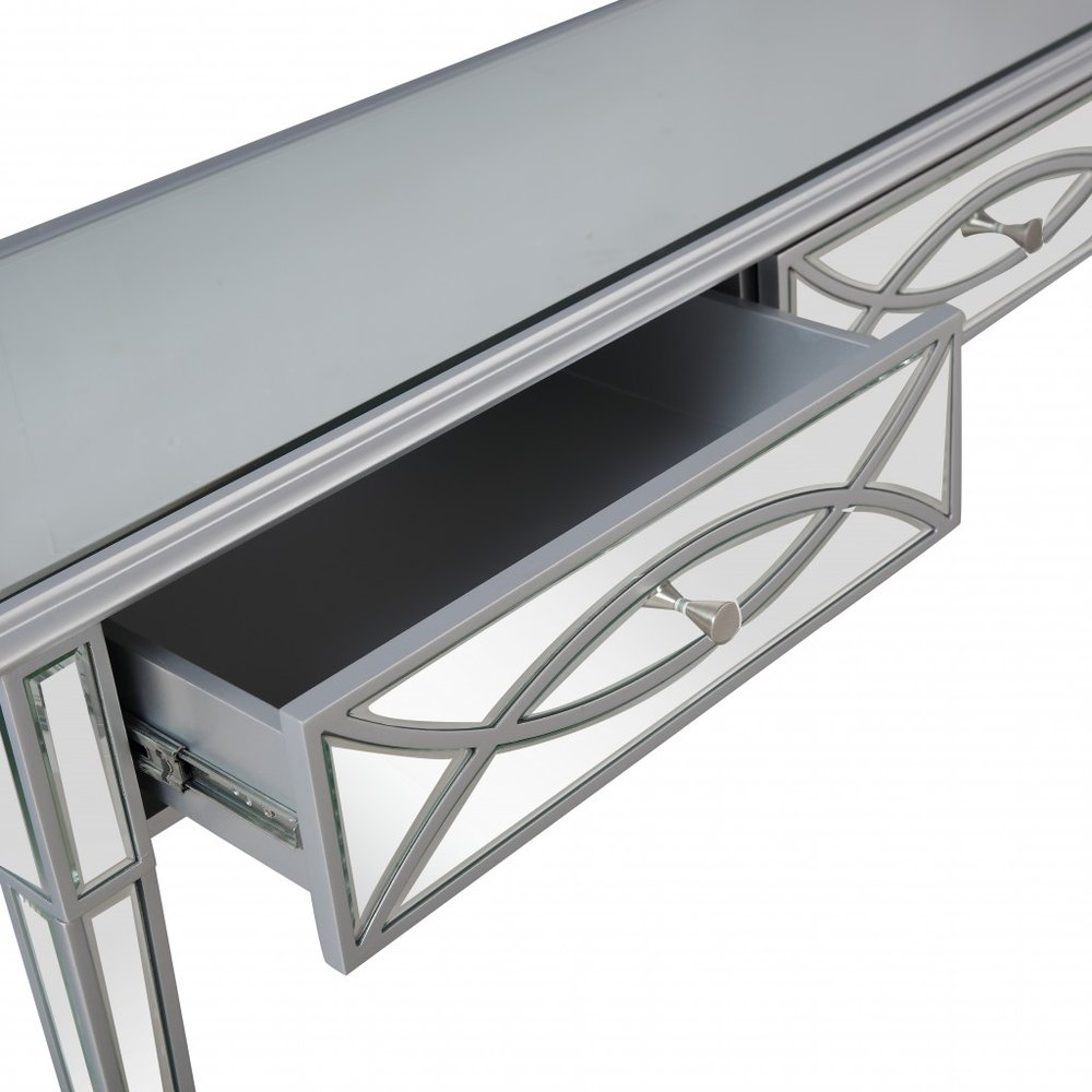 48" Silver Mirrored Glass Console Table And Drawers