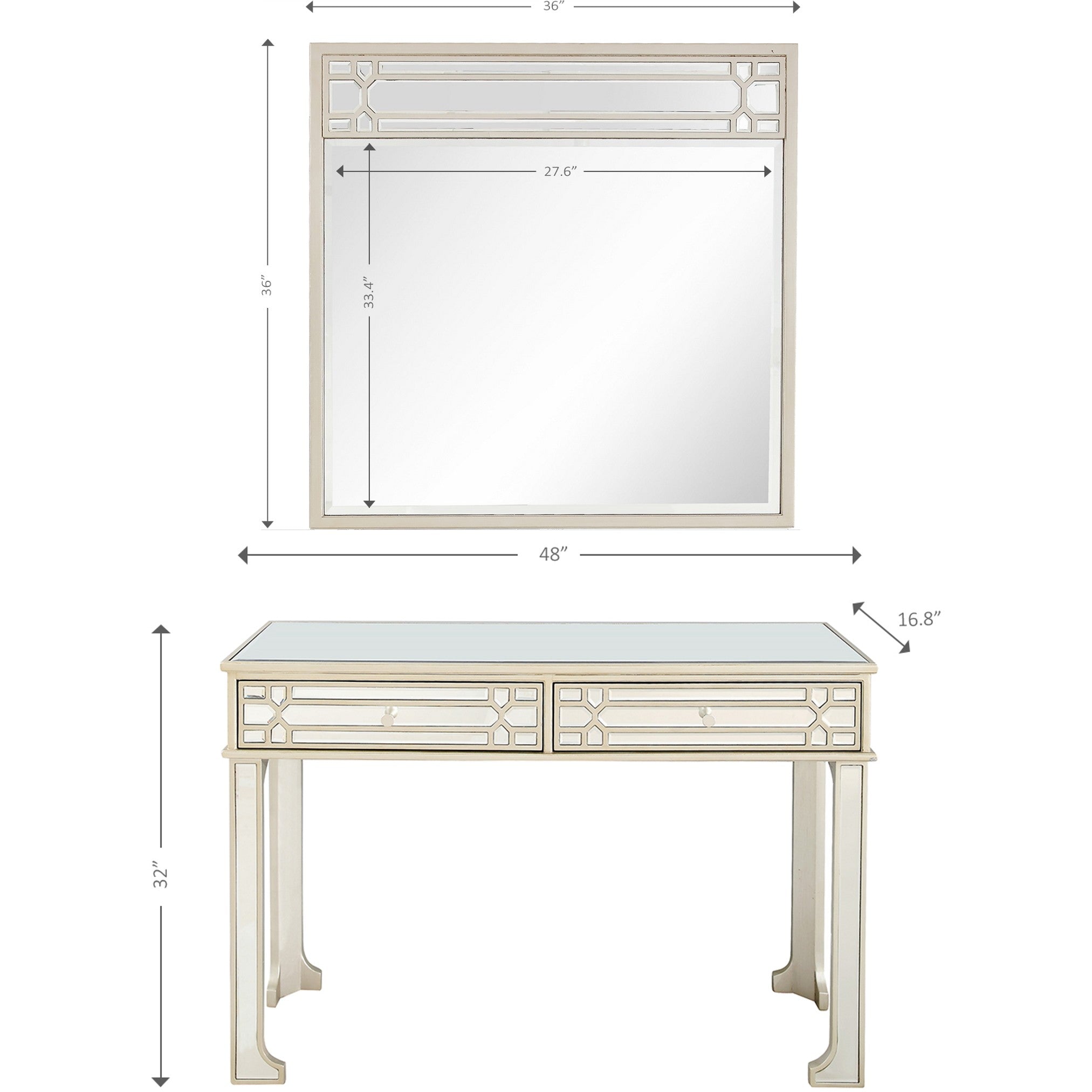 48" Champagne Mirrored Glass Console Table And Drawers