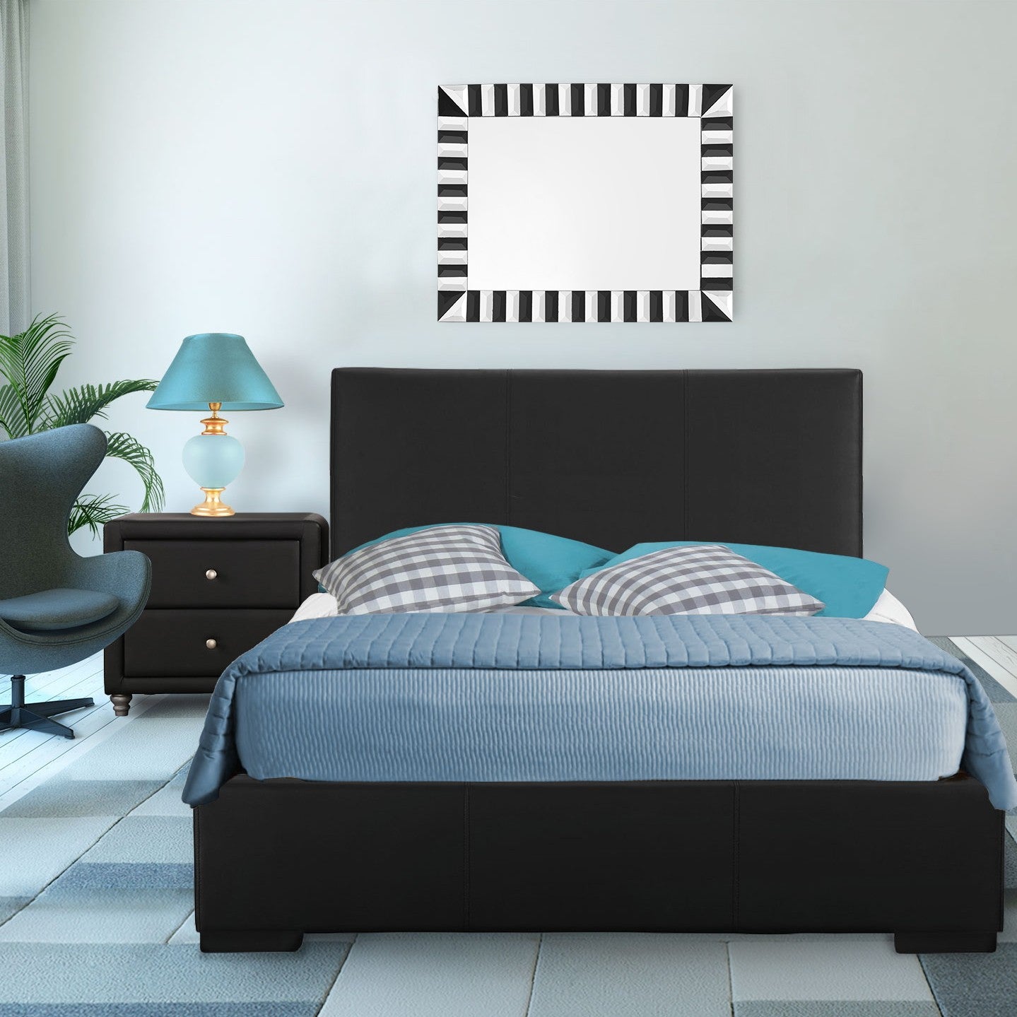 Black Upholstered Platform King Bed with Two Nightstands