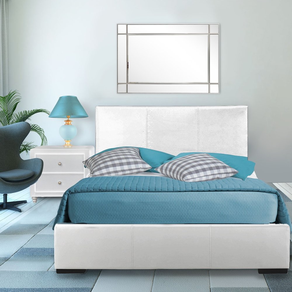 Beige Wood And Faux Leather Queen Bed Frame