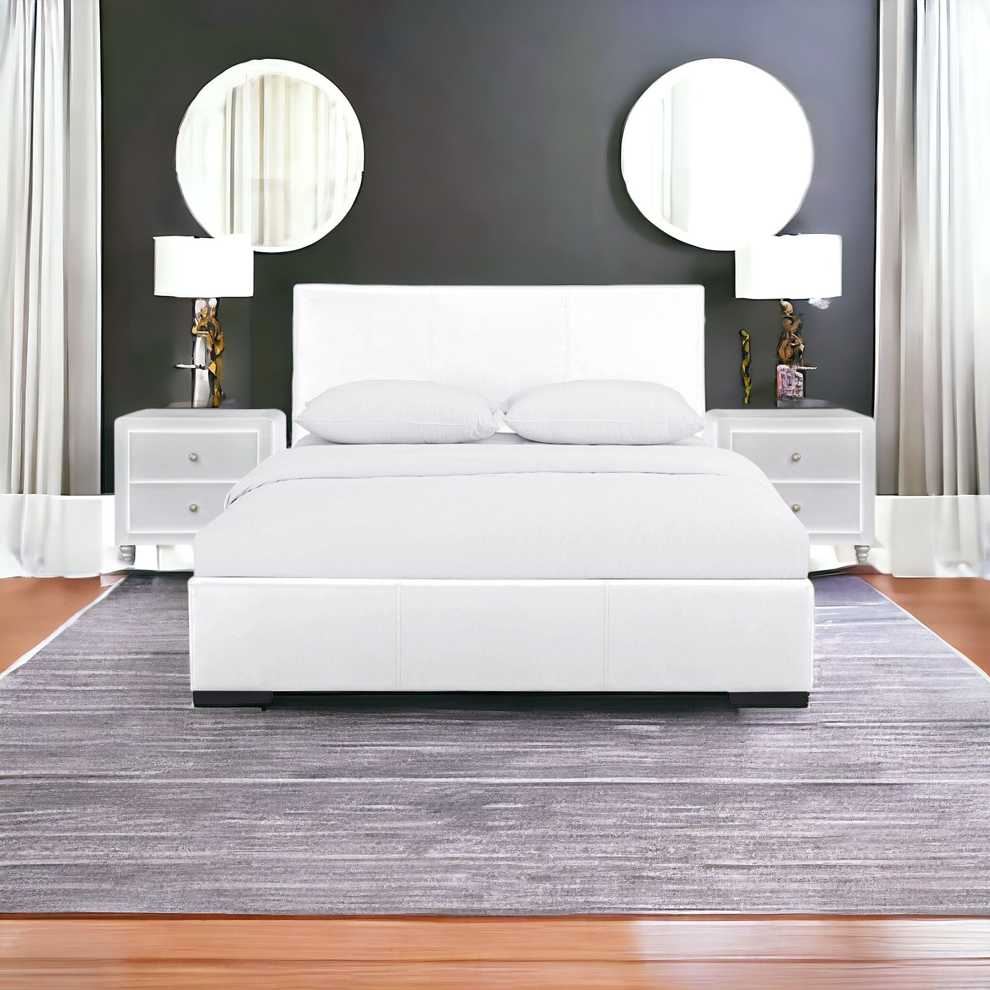 Black Upholstered Platform King Bed with Two Nightstands