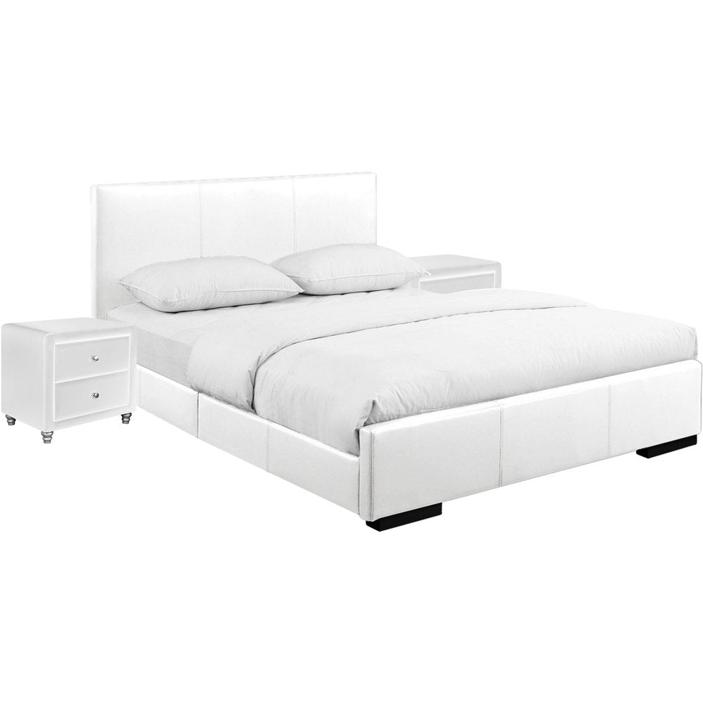 Beige Wood And Faux Leather Queen Bed Frame