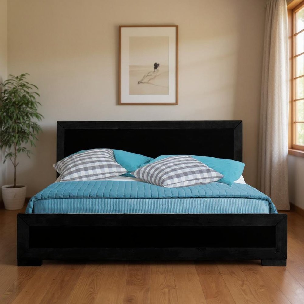 Brown Inlaid Panels Solid Wood Queen Bed Frame